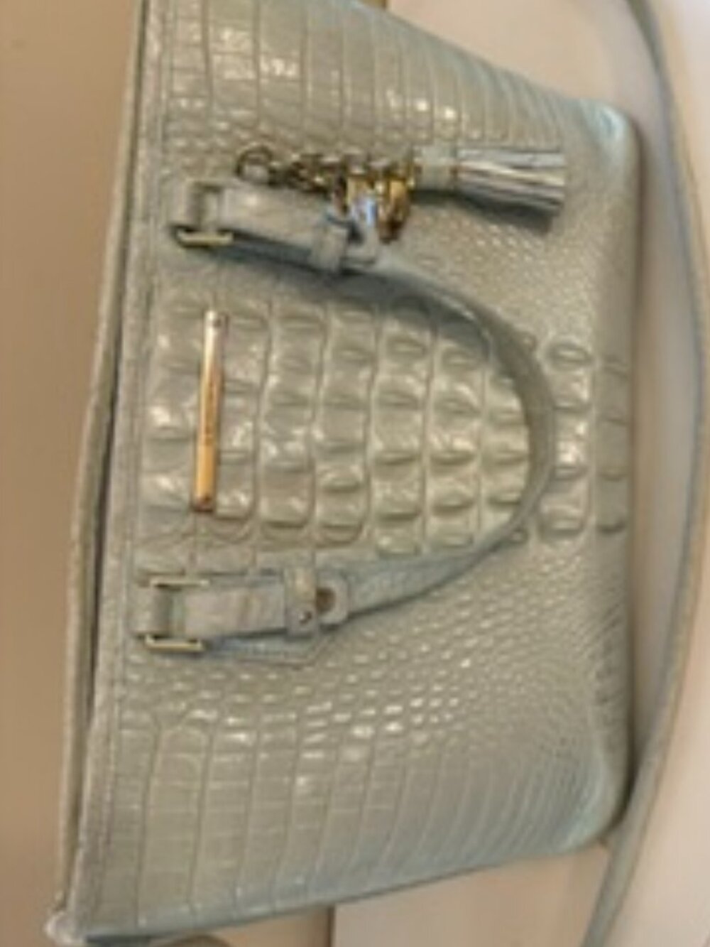 Pale Mint Green Croc Embossed Brahmin Bag with gold accents.